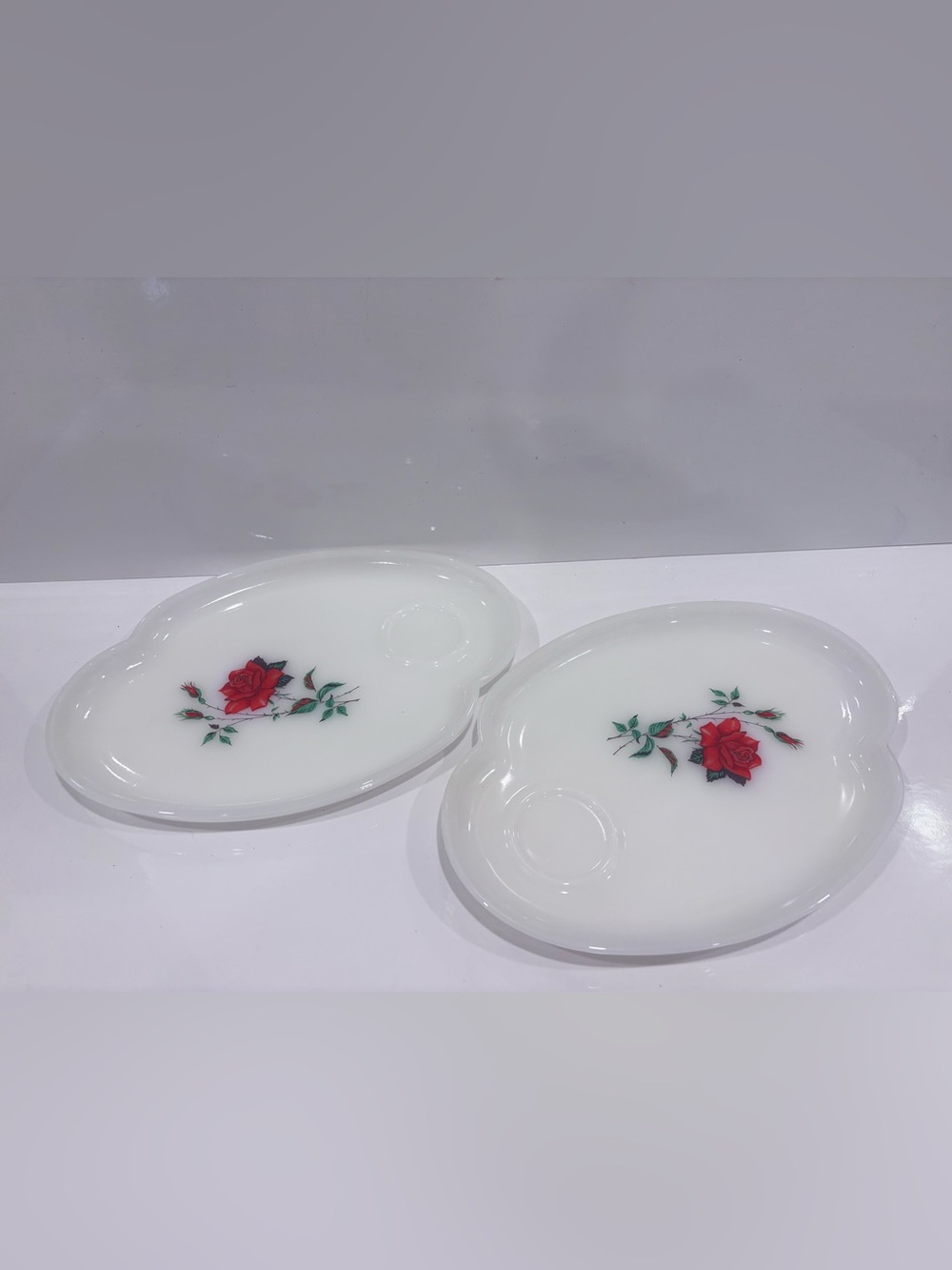 Vintage Federal Red Rose Milk Glass Party Serving Tray Plates Set Of 2
